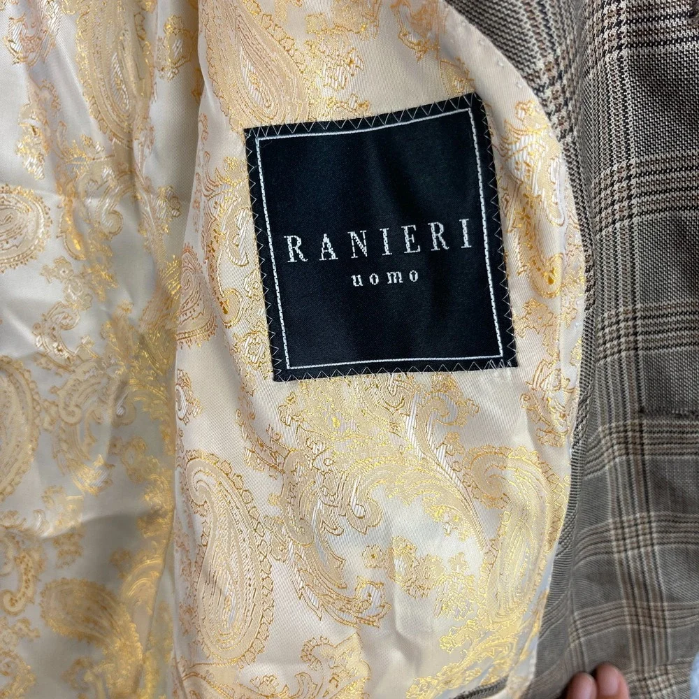 Ranieri Nomo Blazer Mens 50L Tan Wool Windowpane Plaid Classic Super 150s Italy